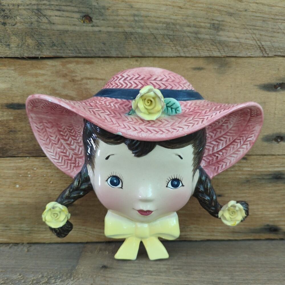 Vtg Kitschy Girl with Pigtails Wall Pocket by Thames Hand Painted Made in Japan